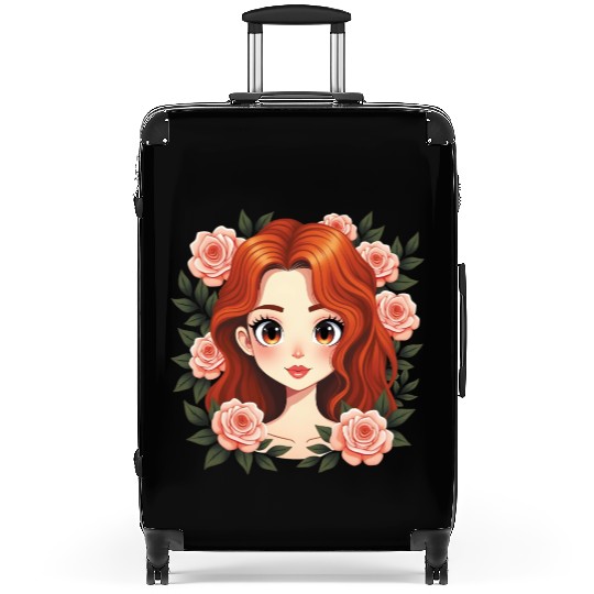 Red-Haired Anime Girl with Roses Suitcases