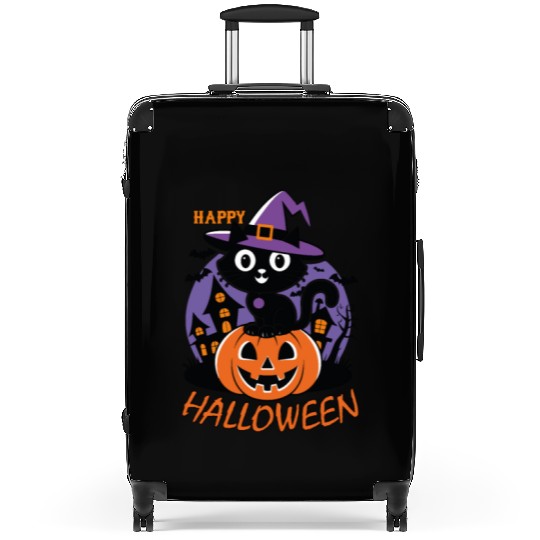 Happy Halloween Cat with Pumpkin Suitcases