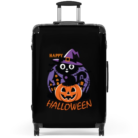 Happy Halloween Cat with Pumpkin Suitcases