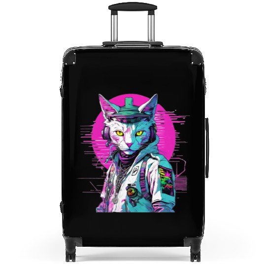 Neon Cyberpunk Warrior Cat Suitcases