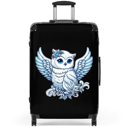 Cute snowy owl blue eyes angel wings cartoon Suitcases