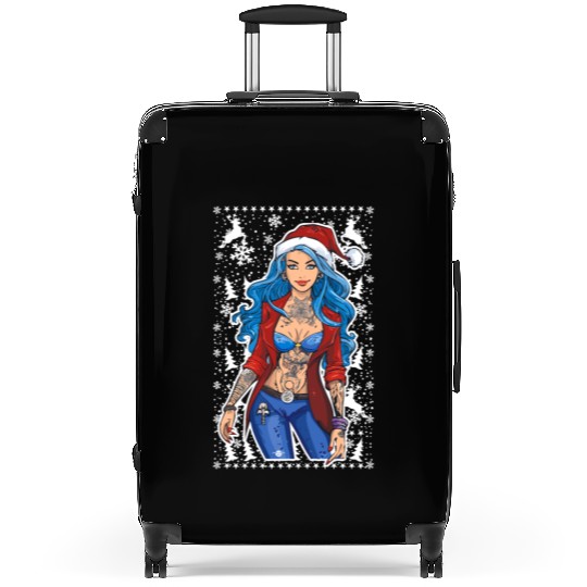 03 Sexy Christmas Woman Blue Hear Deer Tattoos Suitcases