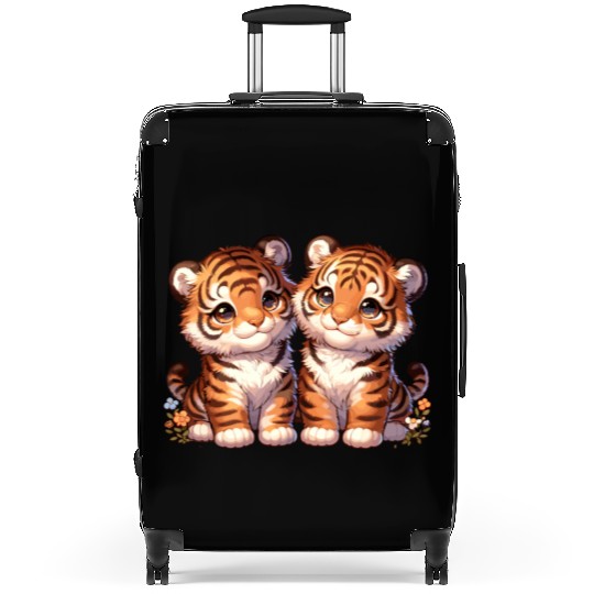 Adorable Twin Tiger Cubs Illustration with Flowers Suitcases