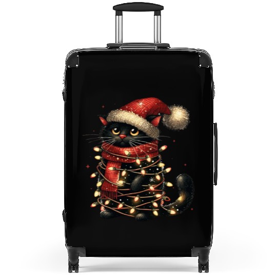 Black Cat In Christmas Light, Cat Lights Suitcases