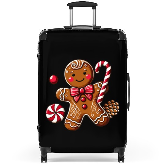 Happy gingerbread man with candy cane Suitcases