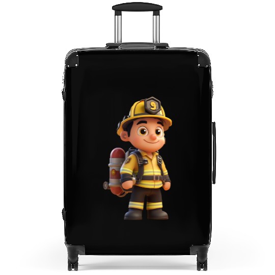 Friendly Firefighter Cartoon Character Suitcases