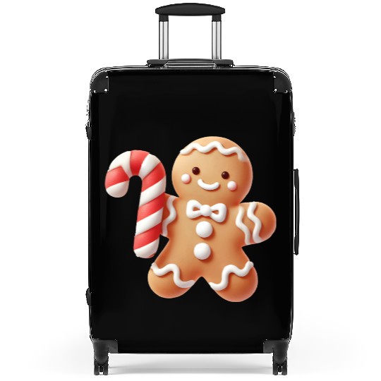 Happy gingerbread man with candy cane Suitcases