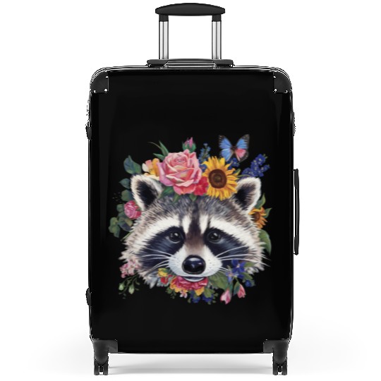 Floral Raccoon Face Raccoon Cottagecore Botanical Suitcases