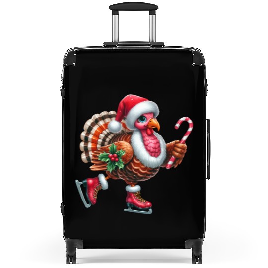 Turkey Ice Skating with Candy Cane and Santa Hat Suitcases