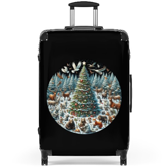Snow-Dusted Christmas Tree with Woodland Animals Suitcases