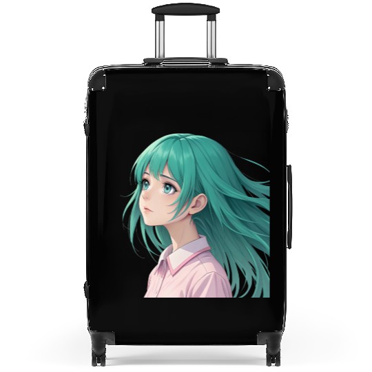 Teal Tresses: A Vision of Anime Serenity and Wonde Suitcases