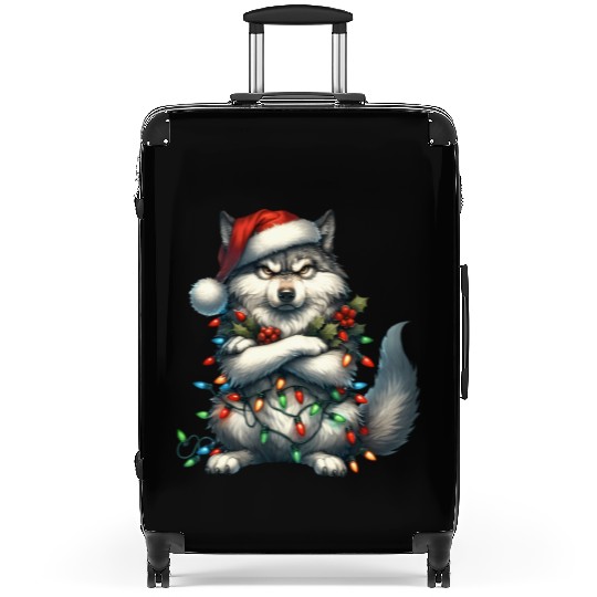 Wolf with Santa Hat and Christmas Lights Design Suitcases