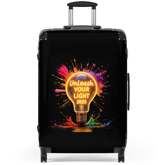 A large starburst glowing in neon light with 2025 Suitcases