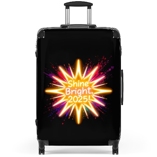 A large starburst glowing in neon light with 2025 Suitcases