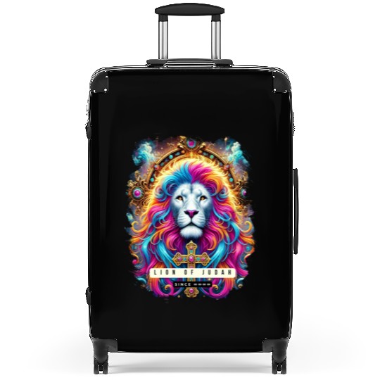 Vibrant Lion of Judah Art with Cross and Spiritual Suitcases