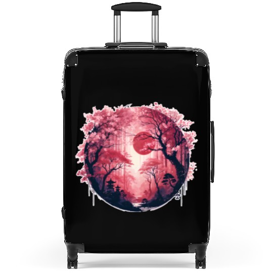 Serene Sakura Under Crimson Sun Suitcases