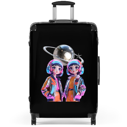 Retro-Futuristic Anime Girls with Neon Aesthetic Suitcases
