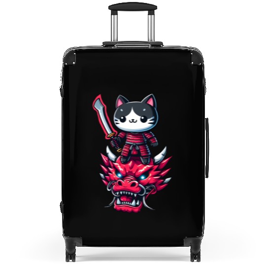 Samurai Cat with Sword on Dragon in Epic 3D Effect Suitcases