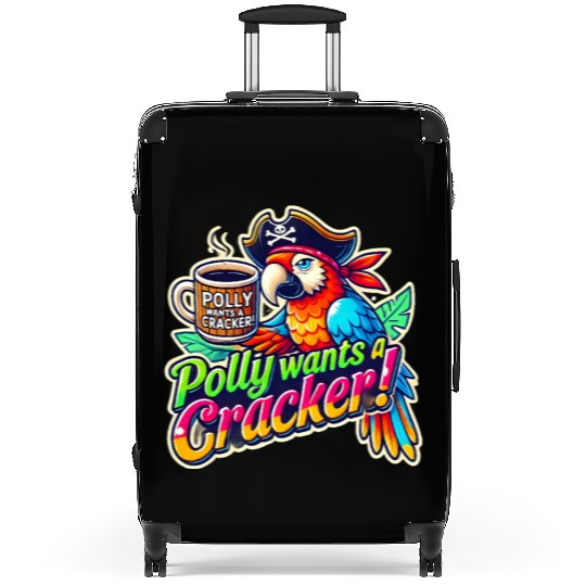 pirate parrot holding a coffee cup design Suitcases