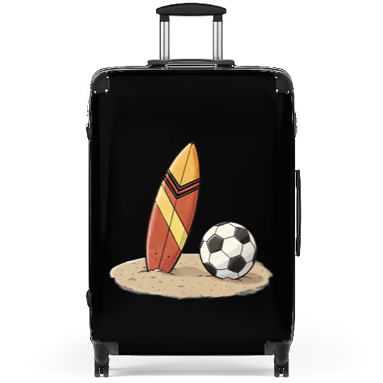 Surfboard and soccer ball in the sand Suitcases