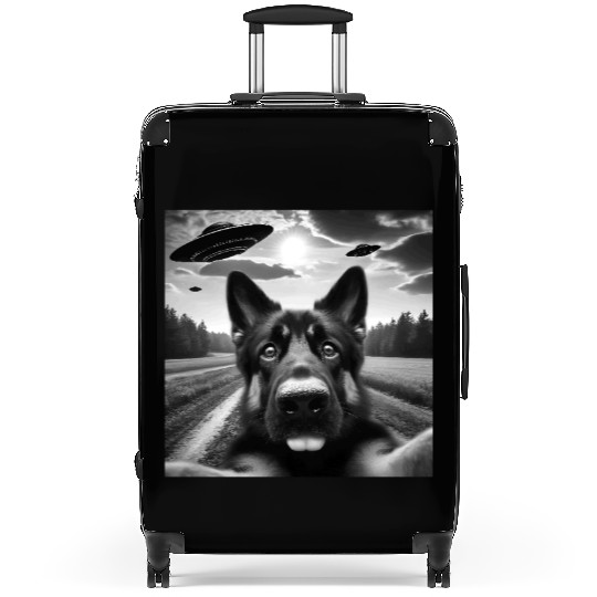 German2 Shepherd Funny GSP Selfie with UFOs Weird Suitcases
