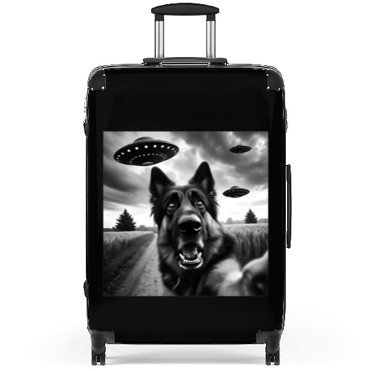 German Shepherd Funny GSP Selfie with UFOs Weird A Suitcases