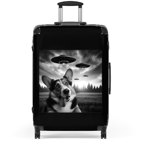 Pembroke Welsh Corgi Funny Selfie with UFOs Weird Suitcases