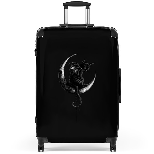 Cat With Bat Wings Sitting On Crescent Moon Goth Suitcases