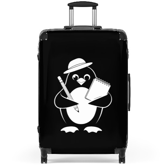 Penguin Journalist Reporter With Notebook Suitcases