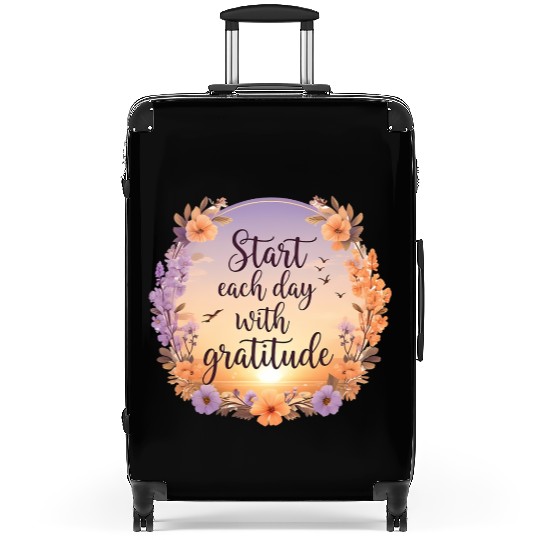 Serene Sunrise with Gratitude Quote and Soft Suitcases