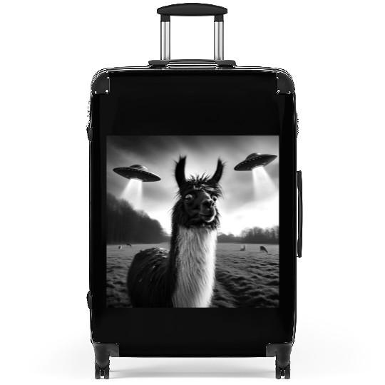 Llama alpaca Funny Graphic Selfie with UFOs Weird Suitcases