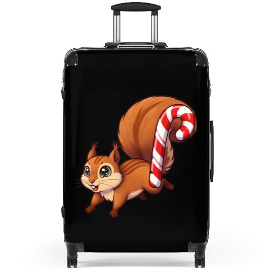 A squirrel with a candy cane tail. Suitcases