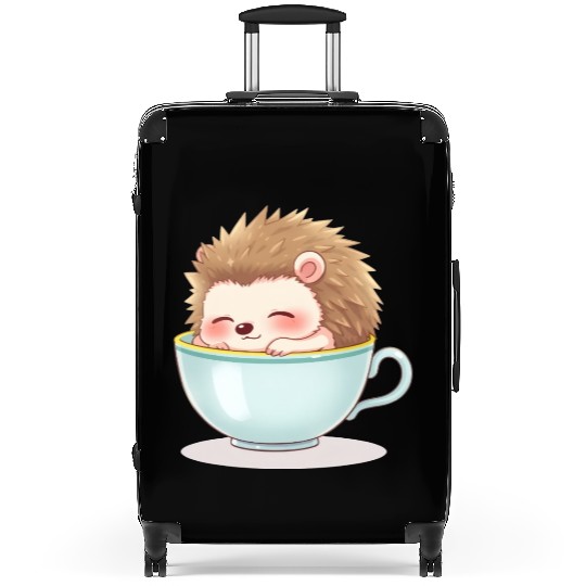 Cute hedgehog relaxing in a light blue cup Suitcases