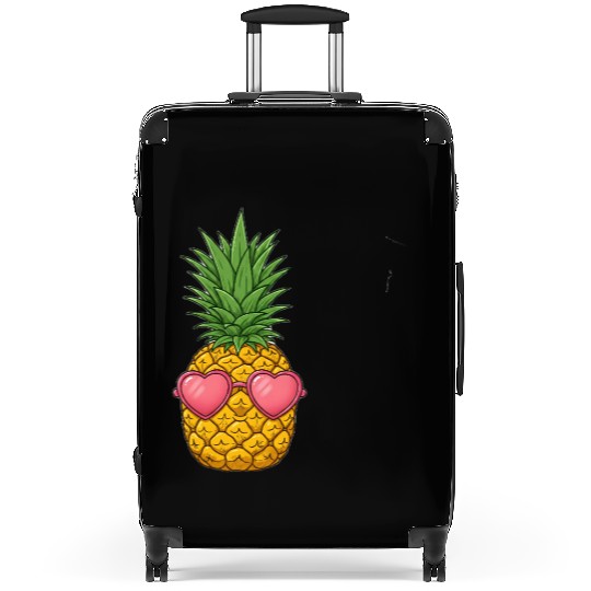 A cute pineapple with heart-shaped sunglasses. Suitcases