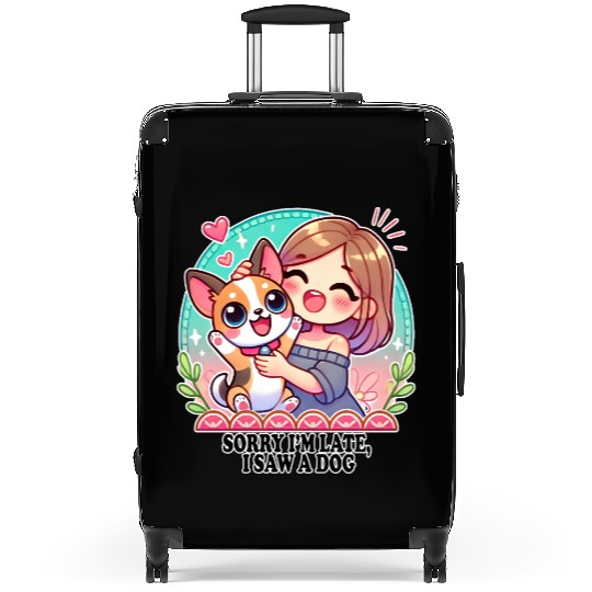 Cute Cartoon Girl with Adorable Dog Suitcases