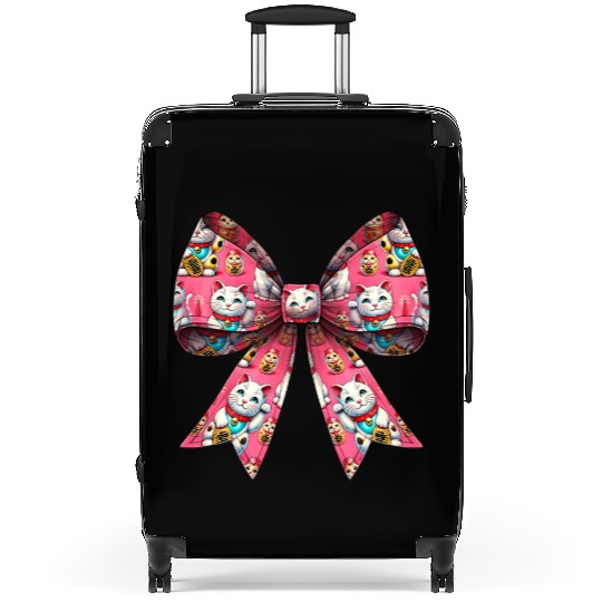 Coquette Bow Maneki Neko Japanese Cat Lucky Pink Suitcases