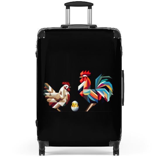 Rooster, Hen, and Chick – Geometric Easter Motif Suitcases