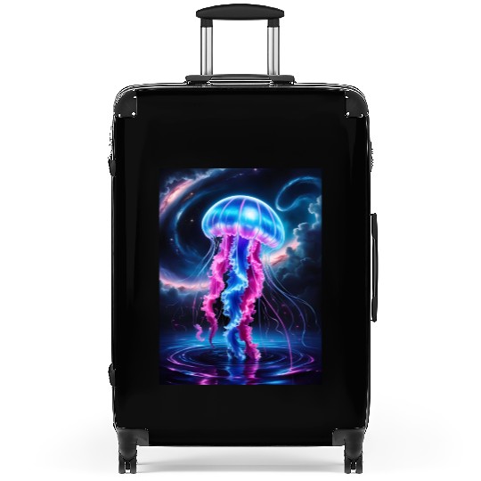 A mesmerizing neon jellyfish gracefully floating Suitcases