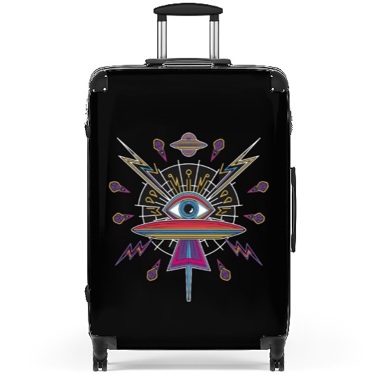 Psychedelic UFO Eye with Cosmic Lightning and Suitcases