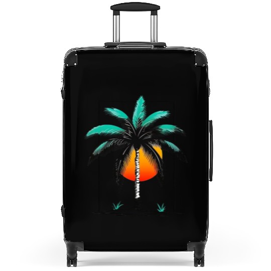Grayscale Line Drawing Of A Central palm tree Suitcases
