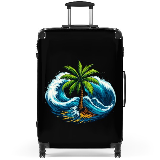 "Palm Serenity Amid Ocean Waves" Suitcases