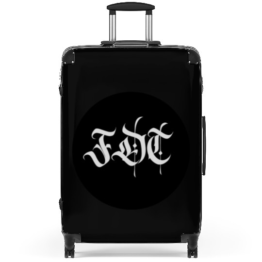 Ornate Gothic Lettering FDT in Light Grey on Black Suitcases