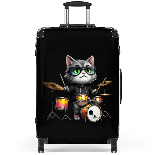 Gray Cat with Neon Drums Suitcases