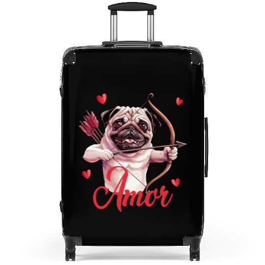 Amor Cupid Pug with Bow and Hearts Suitcases