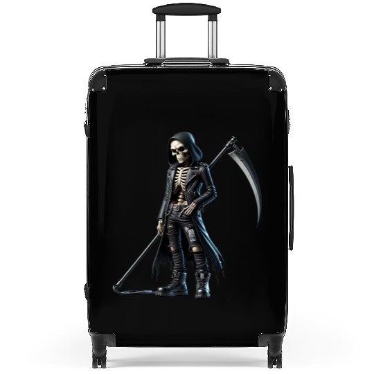 Dark Skeleton Warrior with Scythe and Hooded Jacke Suitcases