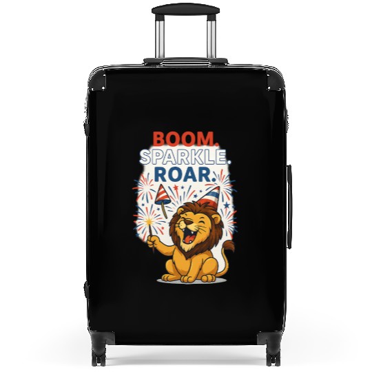 Boom Sparkle Roar – Cute Patriotic Lion with Firew Suitcases