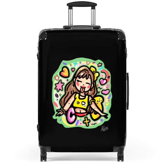 Playful Girl with Hearts and Stars Suitcases