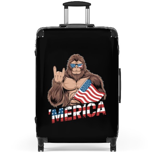 Patriotic Bigfoot with US Flag Suitcases