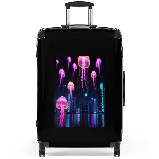 Neon Jellyfish Over Cyber City Suitcases