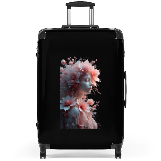 Ethereal Floral Portrait - Woman with Coral Pink Suitcases